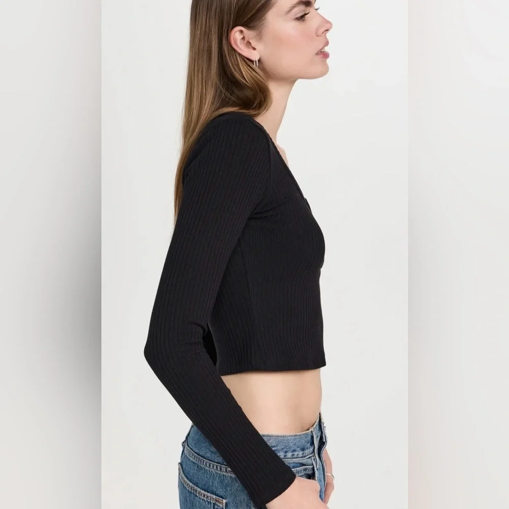 Reformation Billie Knit Top Ribbed Cropped Black Long Sleeve Medium $98